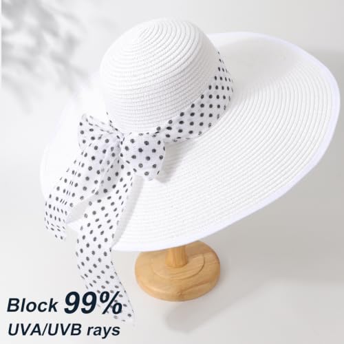Wide Brim Sun Hat for Women Floppy Straw Hat Summer Beach Hats Fashionable Trendy Hats Sun Protection UPF 50+ (1 Pack With Polka Dot Bow: White)