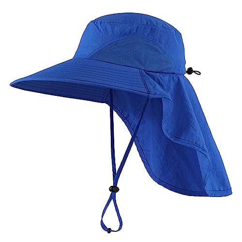 Outdoor UPF50+ Sun Hat Wide Brim Mesh Fishing Hat with Neck Flap (Large-X-Large / Bright Blue)