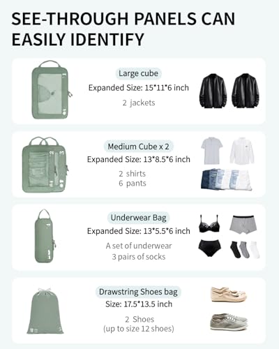 5 Set Compression Packing Cubes for Suitcases Organiser Bags Set Travel Essentials with Shoe Bags for Travel Tear (5 Set Compression Packing Cubes / All Green-Compress)