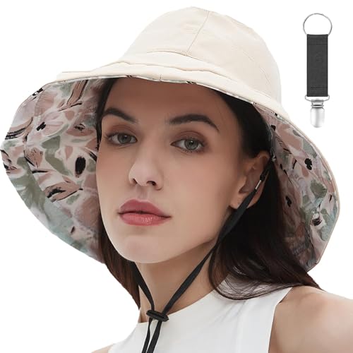 Womens Sun Hats Wide Brim Reversible Bucket Cotton Hat Packable Summer Travel Cap with Hat Clip (Medium / Beige)
