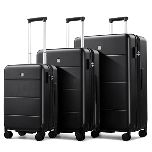 3 Piece Luggage Set Expandable Hardside Suitcases with Spinner Wheels (Jet Black / 20/24/28 Inch EXT)