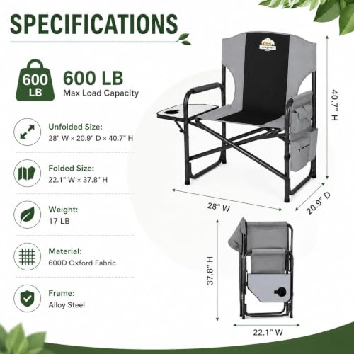 Oversized Heavy Duty Camping Chairs (Light Gray & Black 600lbs / Twin Pack)