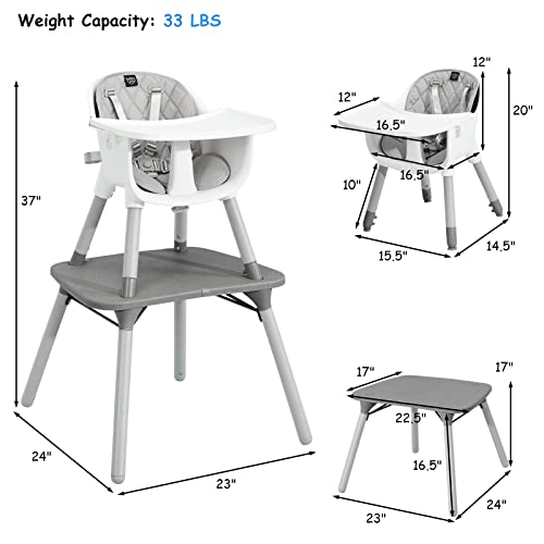 6-in-1 High Chair, Convertible Highchair for Babies and Toddlers/Kids Chair Table Set/Infant Feeding Chair w/Safety Harness, PU Leather Cushion & Removable Food Tray (Gray) (Gray)