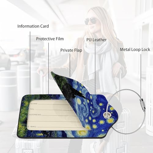 2 Pack Luggage Tags for suitcases Van Gogh Starry Night TSA Approved Label Luggage Tag Baggage Tag Leather Stainless Steel Loop Label Tag for Men Women Travel Bag Suitcase (Van Gogh Starry Night)