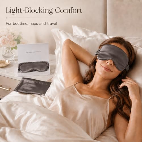 Silk Sleep Mask Light Blocking Luxury 100% Mulberry 19mm Silk Eye Mask Eye Cover Blindfold Ultra Soft Light & Comfy Anti Aging Skin Care with Travel Bag Gift Package (Charcoal Grey)