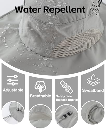 UPF50+ Mens Sun Hat Wide Brim Fishing Hat Airy Mesh UV Protection Cap Portable Bucket Hat for Men Women Light Grey (One Size / Light Grey)