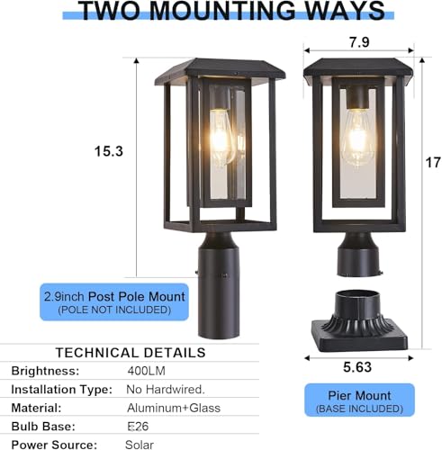 Solar Lamp Post Lights for Outdoor with Pier Mount Base (X-Large)