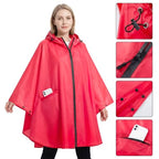 Rain Poncho Jacket Coat Hooded Zipper Style for Women (One Size / Red)