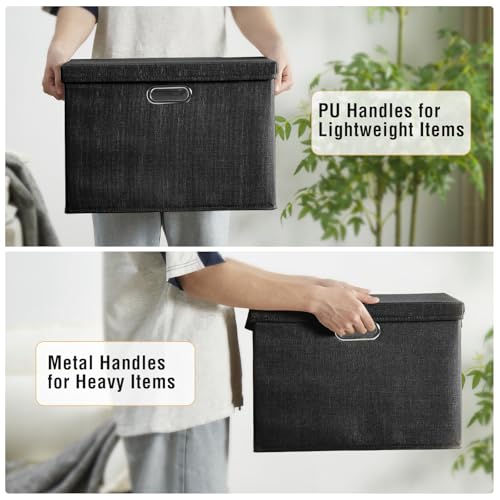 15" Fabric Storage Box with Lids (Black / Medium-3 Pack)