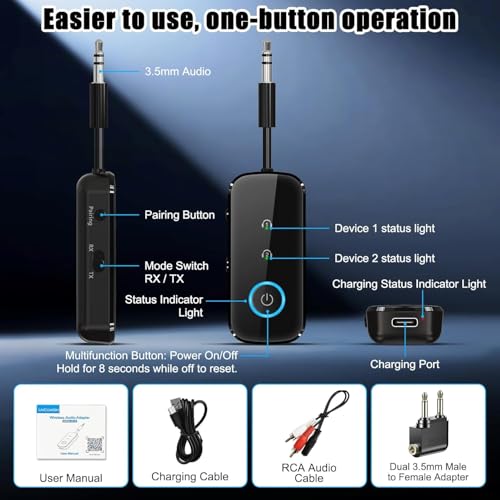 2-in-1 Bluetooth 5.4 Transmitter Receiver,Airplane Audio Adapter,Wireless Transmitter for TV/PC/Gym/Switch. Supports up to 2 AirPods/Headphones,Bluetooth Receiver for Car/Home Stereo (Ebony) (Ebony)