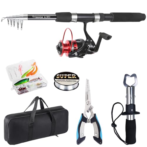 Fishing Rod 6.9ft Telescopic Fishing Rod and Reel Combo with Fishing Pliers and Lip Gripper Fishing Equipment (Red-6.9ft Spinning Combo)