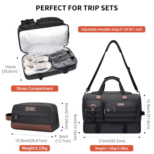 Duffle Bag for Men 60L Travel Canvas Weekender with Toiletry Bag (Classic Black)