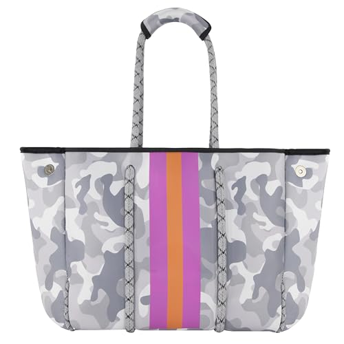 Neoprene Multipurpose Beach Bag Tote with Inner Zipper Pocket (White Camo / Large)