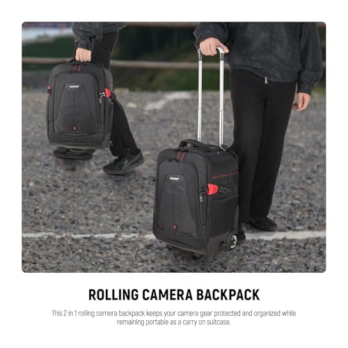 2-in-1 Rolling Camera Backpack Trolley Case - Anti-shock Detachable Padded Compartment, Hidden Pull Bar, Durable, Waterproof for Camera,Tripod,Flash Light,Lens,Laptop for Air Travelling(Black) (Nw-da410t)