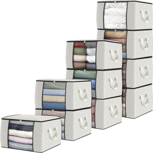 10 Pack Storage Bags for Clothes Blanket Storage Bins with Lids (10 Pack-60l / Ivory)