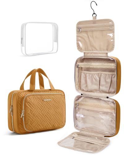 Toiletry Bag Hanging Travel Makeup Organizer with TSA Approved Transparent Cosmetic Bag Makeup Bag for Full Sized Toiletries (Stone Khaki / Large)