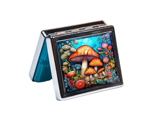 Silver Vintage Pill Box 7 Day Metal Pill Box with Mirror and 8 Compartments Cute Travel Pill Organizer for Purse (Mushroom Stained Glass)