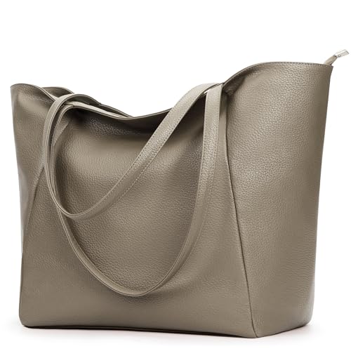 Large Tote Bag Vegan Leather 16L Casual Zipper Work Weekender (Greyish)
