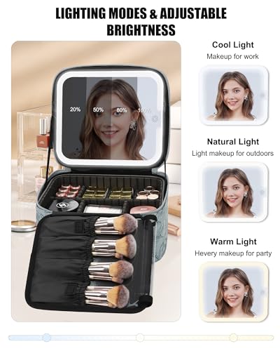 Travel Makeup Bag With LED Mirror (03-Dark Blue Flower / 1-Small)