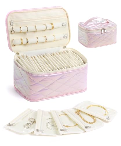 Large Travel Jewelry Organizer Box with 20 Clear Velvet Bags (Pink)