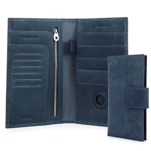 Full Grain Leather Family Passport Holder for 4 RFID Blocking Passport Wallet Compatible with Airtag Passport Cover with 4 Passport Slot (Blue)