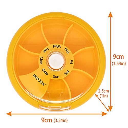Weekly Pill Organizer 7 Compartment Rotating Pill Box for Daily (Orange+bag)