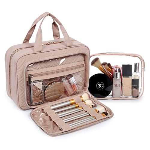 Toiletry Bag Hanging Travel Makeup Organizer with TSA Approved Transparent Cosmetic Bag Makeup Bag for Full Sized Toiletries (Pink / Medium)