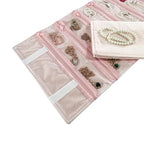 Travel Jewelry Roll Bag Portable Organizer Pouch With Grids&PVC Cover Storage Bags for Necklace (Light Pink Velvet 18 Grids)