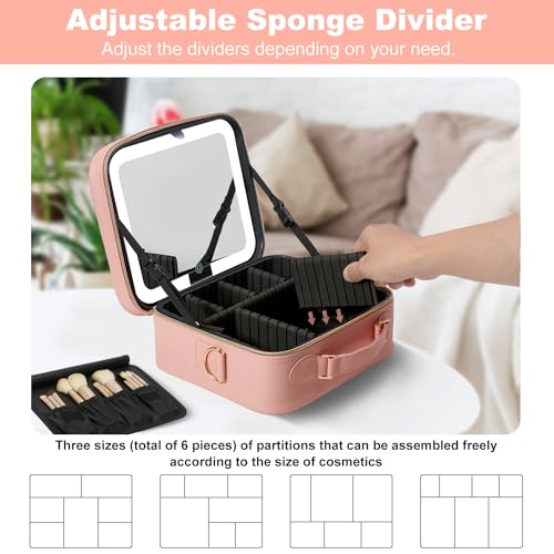 Travel Makeup Bag with Mirror Makeup Case with 8 Makeup Brushes (Pink With Brushes)