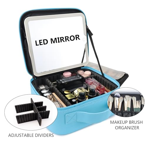 Travel Makeup Bag with LED Mirror Travel Makeup Organizer with 3 Lighted Settings (Blue / With LED Mirror Only)