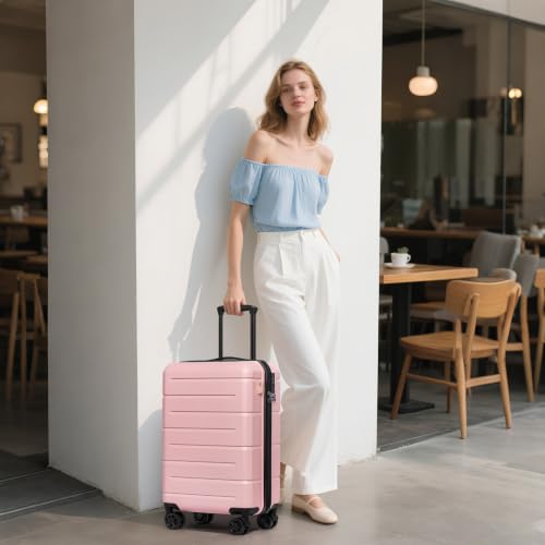 Carry On Luggage 22x14x9 Airline Approved Hardshell Carry On Suitcases with Wheels Travel Rolling 20 Inch Luggage with Cup Holder for Women (Light Pink / Carry-On 22-Inch（non-expandable）)
