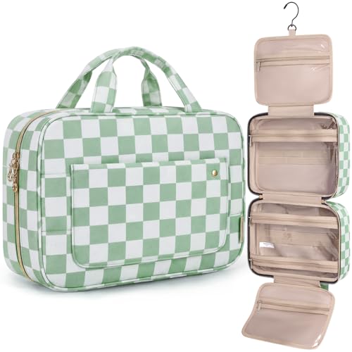 Toiletry Bag Travel Bag with Hanging Hook (Medium / Green Checkerboard)