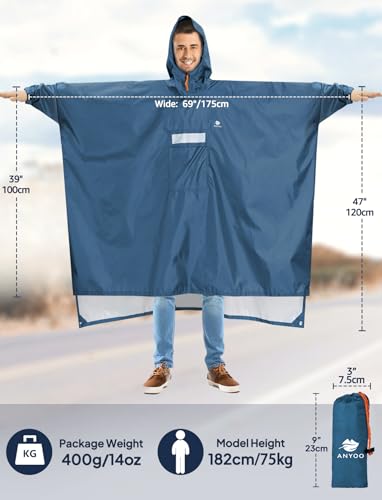Hooded Rain Poncho for Adult Waterproof Lightweight Raincoat (Z-sea Blue(with Zipper))