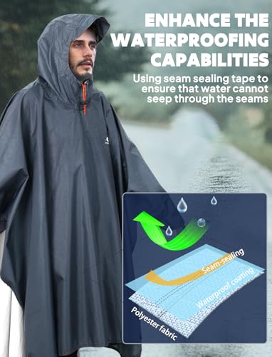 Hooded Rain Poncho for Adult Waterproof Lightweight Raincoat (Dark Grey)