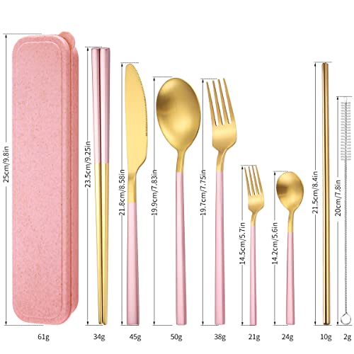 6 Pieces Stainless Steel Flatware Set Portable Reusable Cutlery Set Travel Utensils Set Including Chopsticks Knife Fork Spoon Straws Cleaning Brush Dishwasher Safe (B-Pink golden)