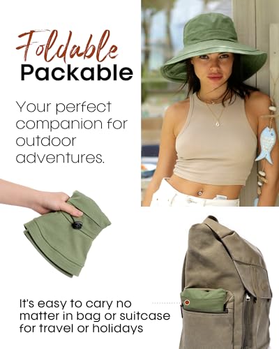 Sun Hats for Women Gardening Hat Wide Brim Ponytail Beach Sun Protection Breathable Cotton Summer Hat with Fold (Medium-Large / Green)