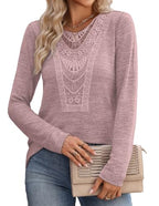 Lace Long Sleeve Tops for Women Boho Early Fall Fashion Must Haves Pink L (Large / All Pink)