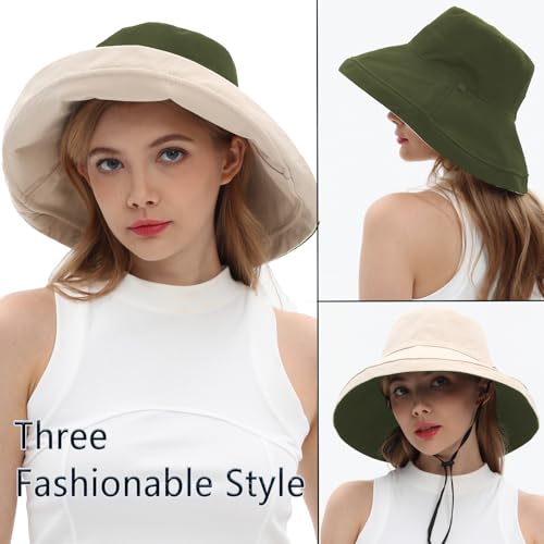 Womens Sun Hats Wide Brim Reversible Bucket Cotton Hat Packable Summer Travel Cap with Hat Clip (Large / Army Green+beige)