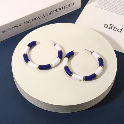 Game Day Earrings Football Baseball Earrings for Women Sports Team Heishi Hoop Earring Football Accessories Outfits Cheer Mom Essentials Fall Sports Must Haves Cheer Gifts (Blue White)