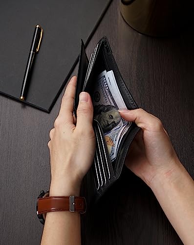 Mens Wallet Rfid Blocking Leather Wallet for Men Bifold Wallets (Black)