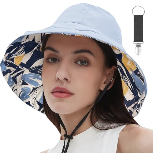Womens Sun Hats Wide Brim Reversible Bucket Cotton Hat Packable Summer Travel Cap with Hat Clip (Medium / Blue2)