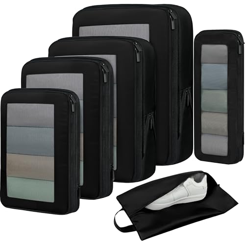 4 Set/6 Set/8 Set Compression Packing Cubes Travel Accessories Expandable Packing Organizers (Square Mesh, 05-Jet Black) (05-Jet Black / Square Mesh)