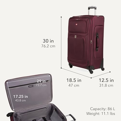 Sion Softside Expandable Spinner Luggage Durable Lightweight Travel Suitcase (Checked-Large / Merlot)