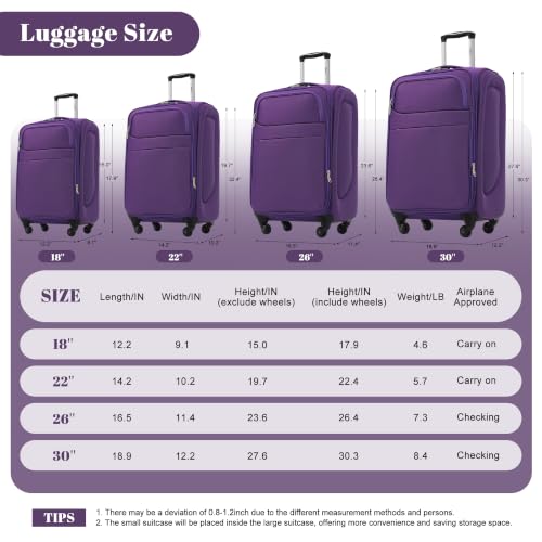 4 Piece Expandable Luggage Set (Softside Luggage(22/26/30) / Purple+18IN)
