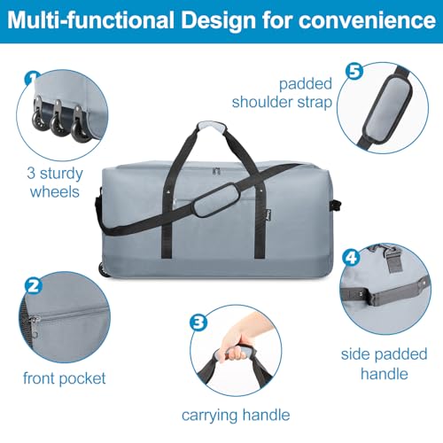 120L Foldable Rolling Duffel Bag with 3 Wheels (Large / Grey)