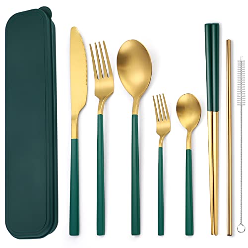 6 Pieces Stainless Steel Flatware Set Portable Reusable Cutlery Set Travel Utensils Set Including Chopsticks Knife Fork Spoon Straws Cleaning Brush Dishwasher Safe (B-Green golden)