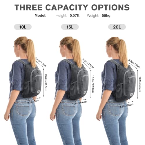 10 15L Small Rucksack Foldable Backpack Lightweight Packable Daypack Travel Outdoor Hiking Shoulder Bag (Black / 20L)