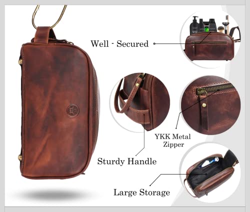 10" Premium Leather Toiletry Travel Pouch With Waterproof Lining (Dark Brown)