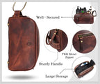 10" Premium Leather Toiletry Travel Pouch With Waterproof Lining (Dark Brown)