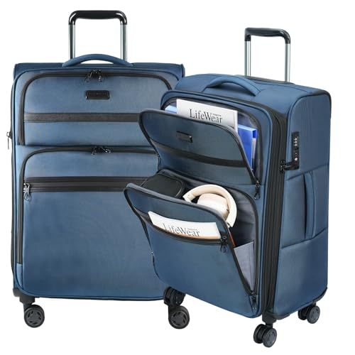 Softside Expandable checked Luggage with Front Business Pockets (Haze Blue-24 / 24 inch)